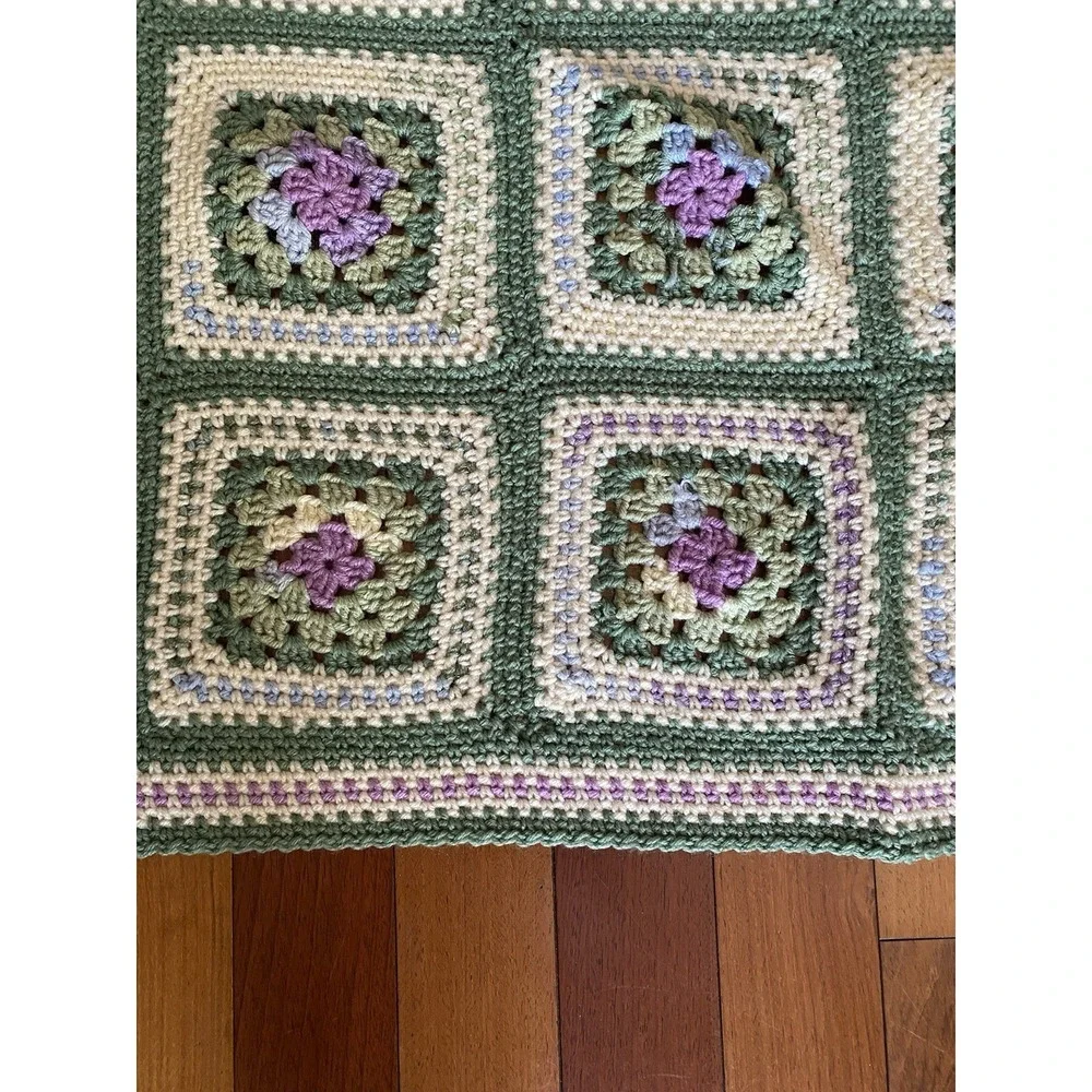 Vintage Handmade Crochet Green Cream Purple Afghan Throw Granny Square Blanket